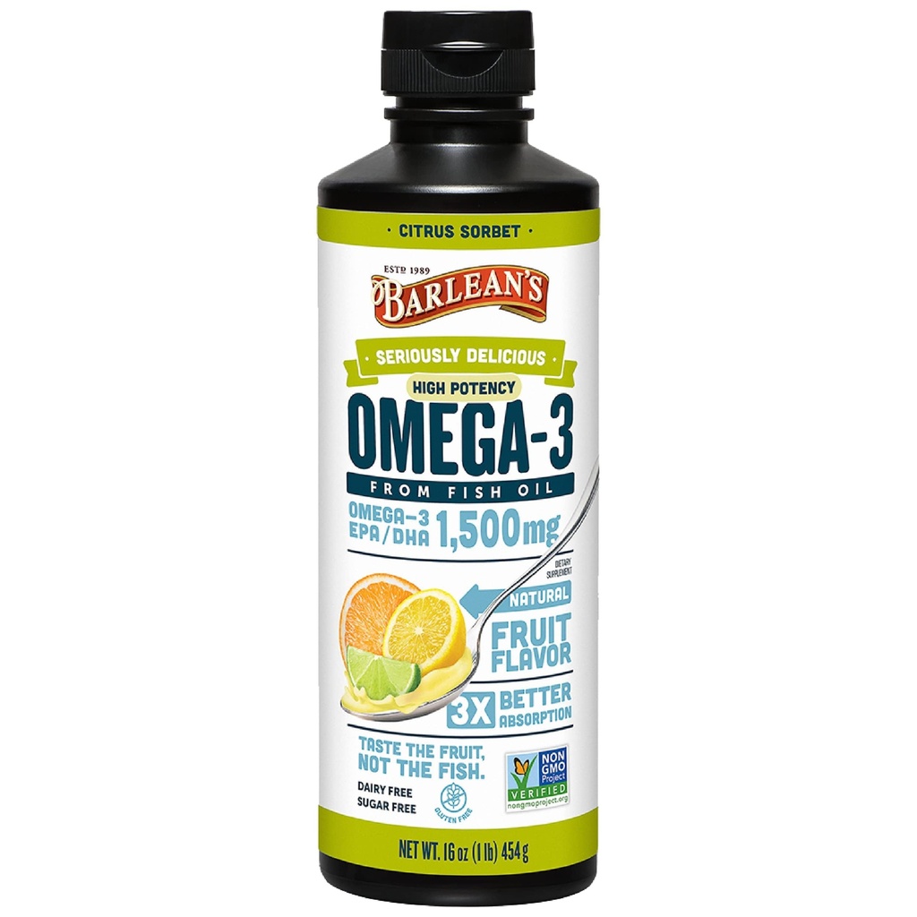 Barlean's Citrus Sorbet High Potence Omega 3 Fish Oil Liquid Supplement, 1500mg of EPA & DHA Fatty Acid, Smoothie Flavored & Burpless for Brain, Joint, & Heart Health, 16 oz