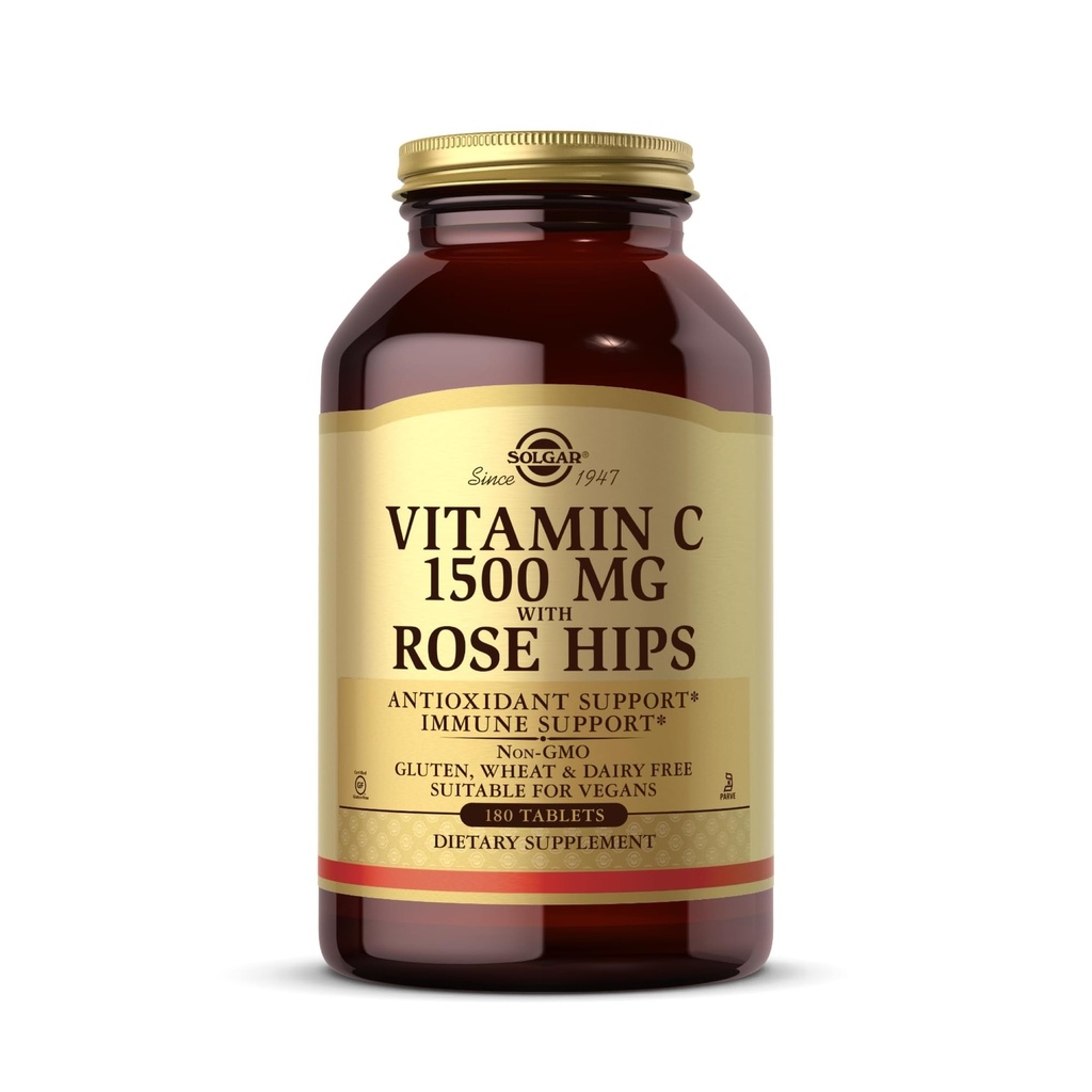 Solgar Vitamina C 1500 mg cu Rose Hips, 180 comprimate - Antioxidant și suport imunitar - Sănătate generală - Sprijină Skin & Joints sănătoase - non OMG, Vegan, Gluten Free, Dairy Free, Kosher - 180 Serviri