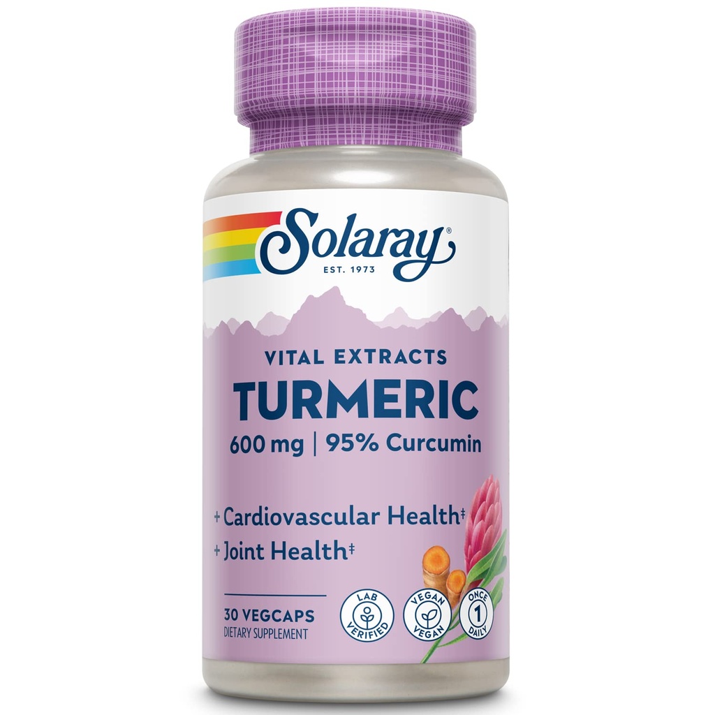 Suplimentul Turmeric SOLARAY 600mg - Root Turmeric cu 95% Curcumin - Supliment de sprijin comun - Sănătatea comună, vezica biliară și suport hepatic, Non-GMO, Vegan, Gluten gratuit, 60-Day Guarantee, 30 Serviri