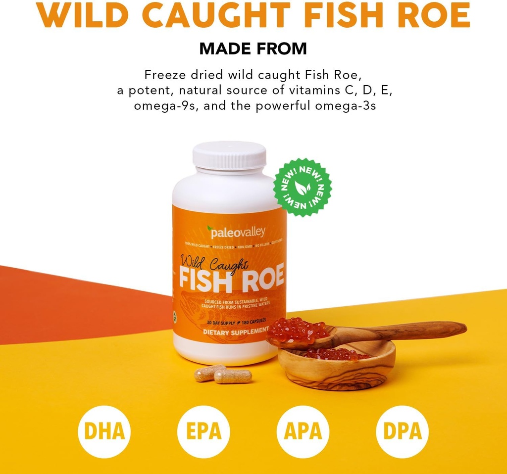 Paleovalley Wild Caught Fish Roe - DHA/EPA, Full Spectrum Omega -3 Acidi grasi - Inflamație, viziune, stare de spirit, Imunitate Boost - 28 Serviri