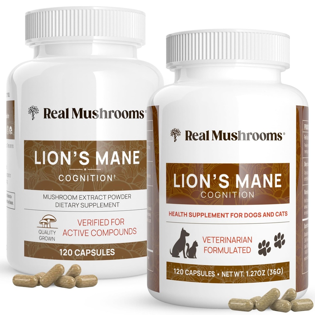 Lions Mane reale pentru oameni (120ct) și animale de companie (120ct) - Bundle pentru cognition & Imunity - Vegan, non-GMO, Gluten-Free, Grain-Free Suplimente extract de ciuperci
