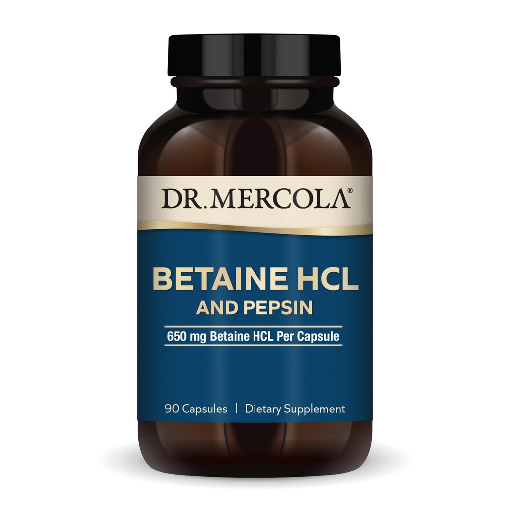 Dr. Mercola Betaine HCL & Pepsin - Digestive Support Supplement for pH Balance - Aids Mineral & Nutrient Absorption - Digestive Aid - Non-GMO, Gluten-Free & Soy-Free - 90 Capsules (30 Servings)