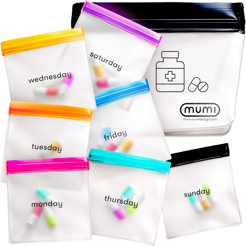 MUMI Pill Pouch Set, 7 mini pungi de fermoar pentru pastile, pungi cu pilule mici, pungi reutilizabile pentru medicamente Travel, Organizator de pastile de buzunar, Accesorii Purse, Organizator de vitamine