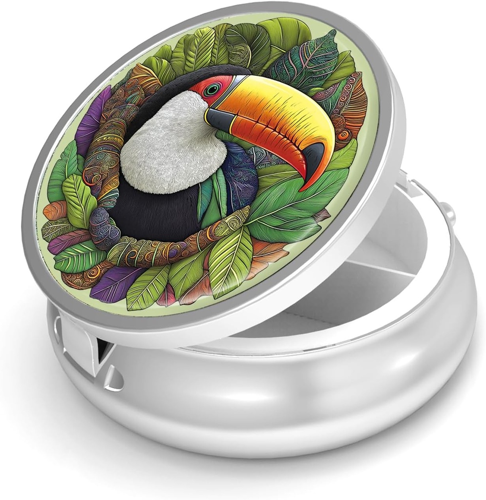 Cutie de pastile-3 Compartiment de mici pastile pentru Purse & Pocket Mini Metal Pilula Holder Travel Pilula Container pentru a deține suplimente Vitamine BPA-Free (Toucan)