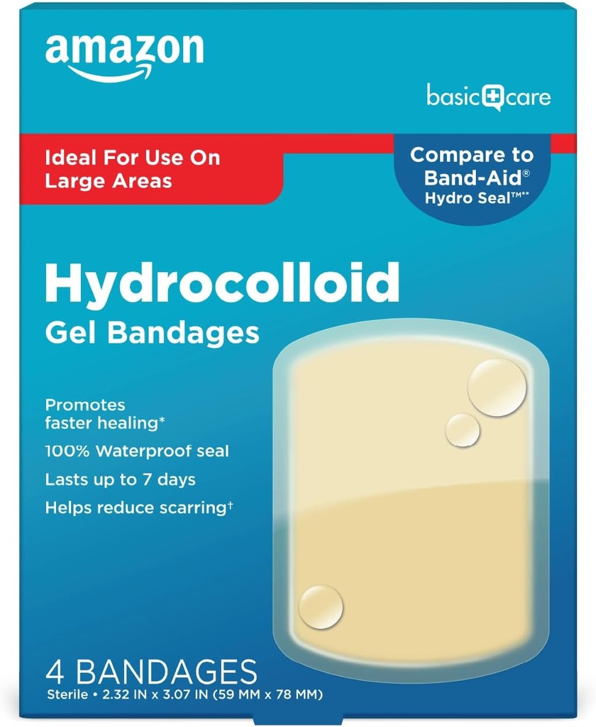 Îngrijire de bază Amazon Advanced Rapid de vindecare Bandaje de gel hidrocoloid, Rochie de rană mare, 4 t