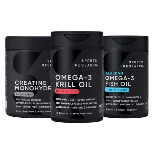 Sports Research Creatin Monohidrat îmbunătățit de Omega Power House Antarctic Krill & Fish Oil cu putere triplă EPA DHA și fosfolipide, Choline & Astaxanthin - potrivit pentru campioni