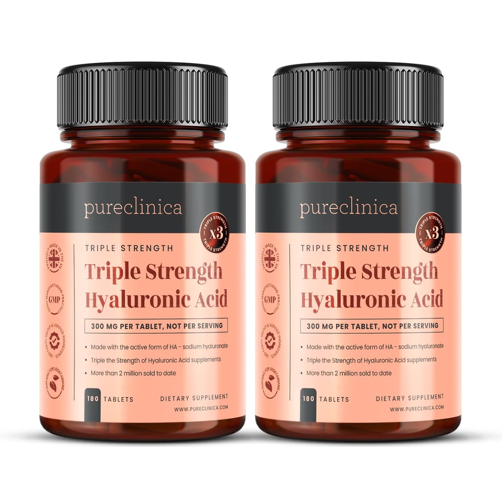 pureclinica Acid hialuronic 300mg x 360 comprimate (2 flacoane de 180-12 luni de aprovizionare). Acid hialuronic cu concentraţie triplă. 300% mai puternic decât orice alt comprimat HLA.