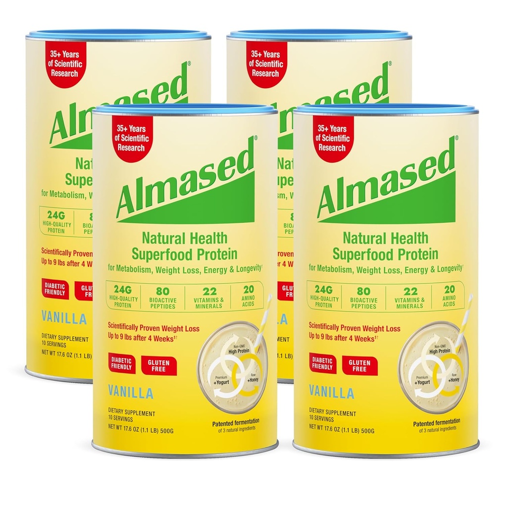 Almased Vanilla Meal Replacement Shake - Low-Glycemic High Plant Base Protein Powder- Greutate nutritionala Suplimentul de suport pentru sanatate - Vanilla Flavor - 17,6 oz (1.1 Pound (4 Pack))