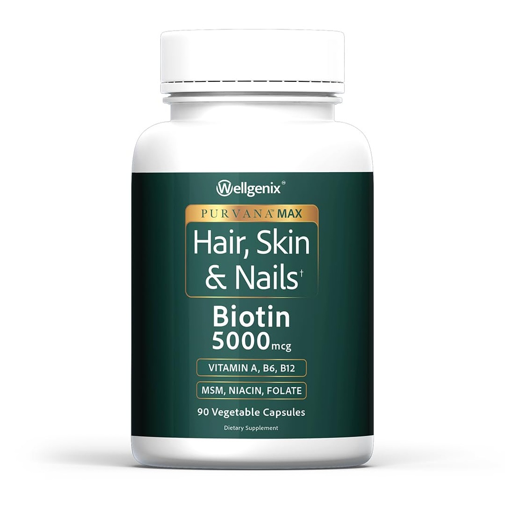 Wellgenix Purvana Max Hair, Skin & Nails Vitamină: Biotin 5000mcg pentru creșterea îmbunătățită a părului, Prevenirea pierderii părului pentru femei și bărbați, Vegan, Ideal pentru Post Partum & POSS, 90 Conte, Pachet de 1