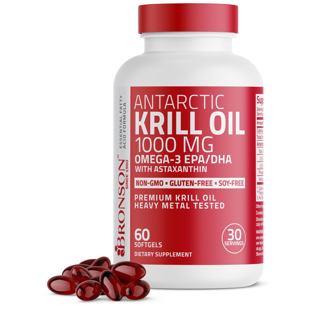 Bronson Antarctic Krill Oil 1000 mg cu Omega-3s EPA, DHA, Astaxantină și Fosfolipide 60 Softgels