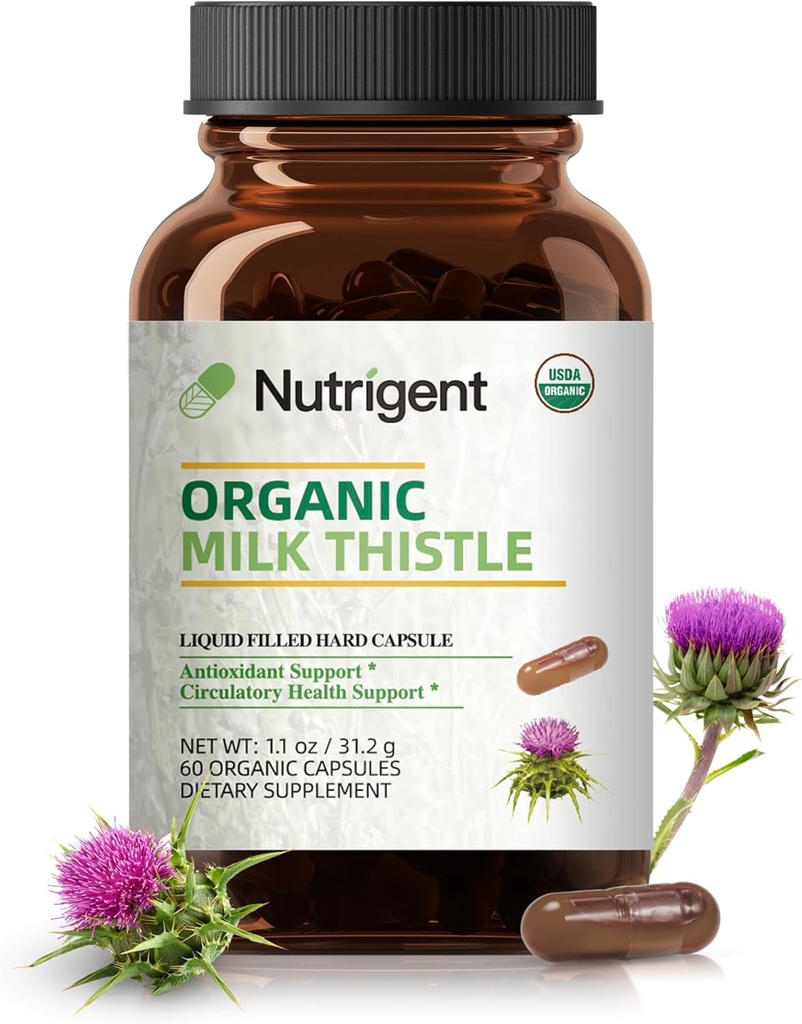 USDA Organic Milk Thistle Supliment 25:1 Extract, 8750 mg Putere, Silymarin Supliment 280 mg, Capsule organice lichide, Ficat & Detoxifiere Suport, Non-GMO, 60 Conte