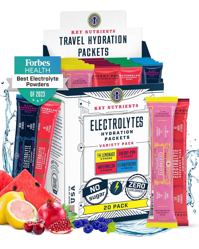 KEY NUTRIENTS Electroliți Pachete pulbere fără zahăr - 4 arome delicioase în Pachete de hidratare 20 Pachete - Fără calorii, Electrozi gluten Pachete cu pulbere gratuit - Keto Friendly, Non OMG, Made in USA
