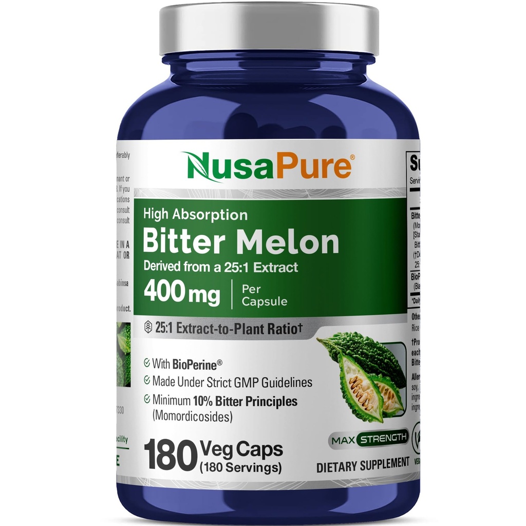 NusaPure Bitter Melon Extract 10.000 mg 180 Vegan Caps (100% Vegetarian, non-GMO, Gluten-Free, 10% Bitter Principles) Bioperine