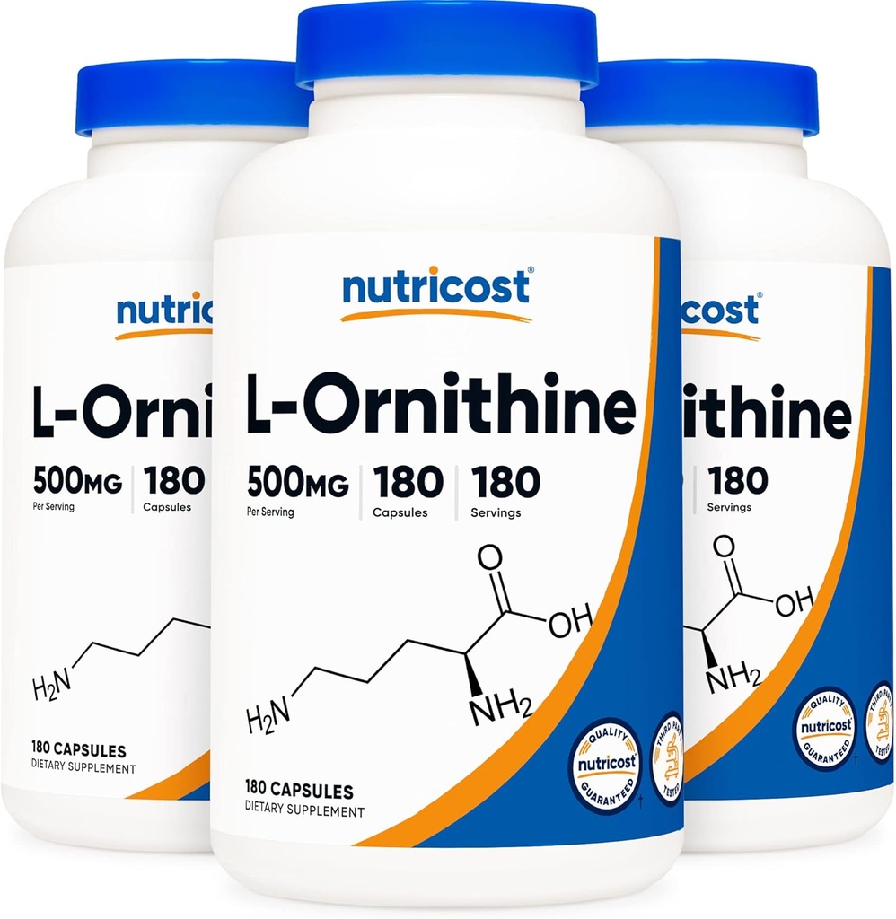 Nutricost L-Ornithine 500mg; 180 Capsules (3 Bottles)