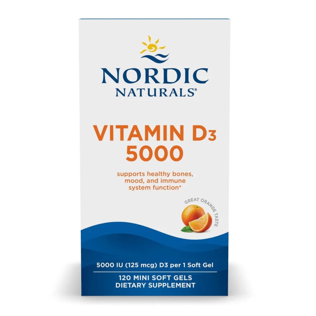 Natural Nordic Vitamina D3 5000, Orange - 120 Mini Geluri Soft - 5000 UI Vitamina D3 - Sprijină Oase sănătoase, Mood & Funcţia sistemului imunitar - non-GMO - 120 Serviri