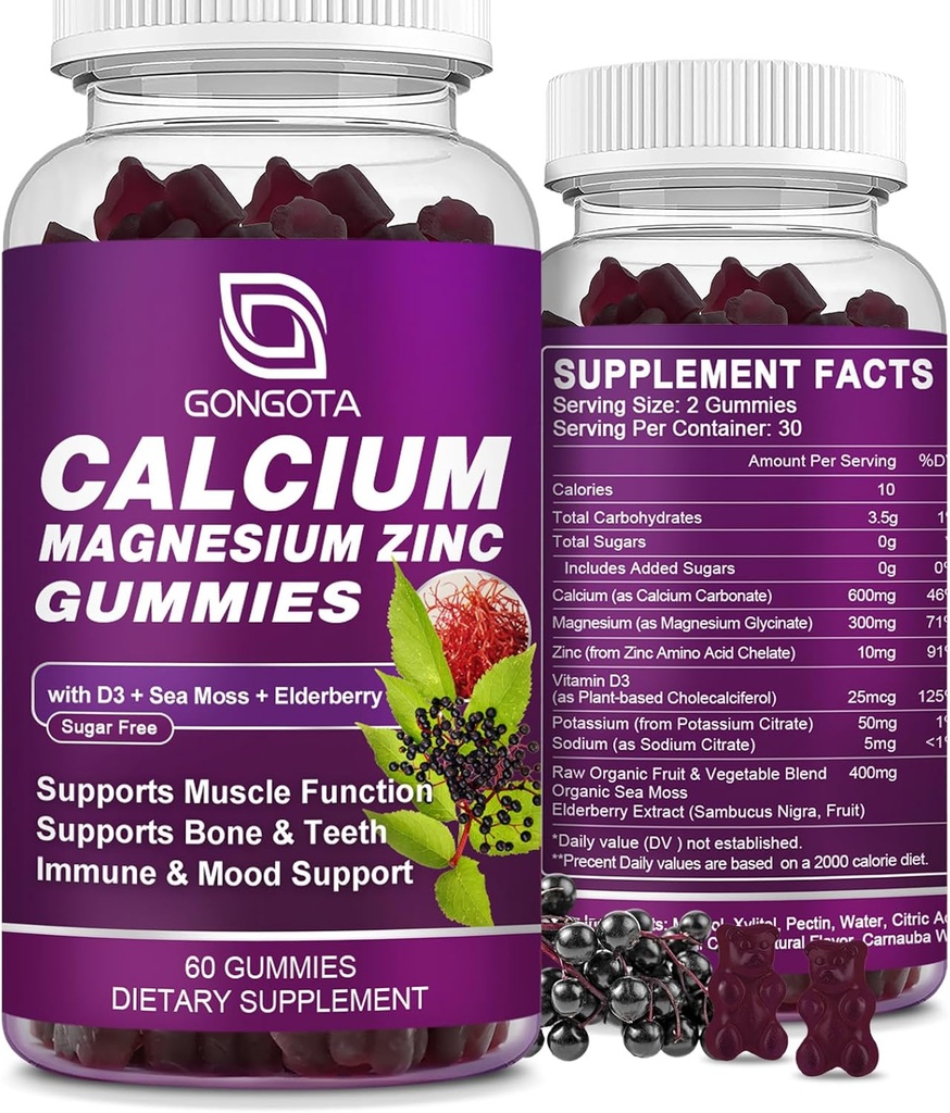 Zinc de calciu magneziu cu supliment de vitamina D3, Gume de calciu foarte absorbent cu 300 mg glicinat de magneziu suport Bone & Dinți, mușchi pentru adulți și adolescenți, Sugar gratuit, Vegan - 60 Conte