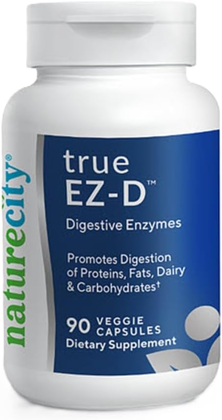 NatureCity True-EZ-D Non-GMO Enzyme Complex suplimentar pentru sanatate digestiva si ajutor inabusitor pentru barbati si femei (90 Capsule Veggie) Super Enzime