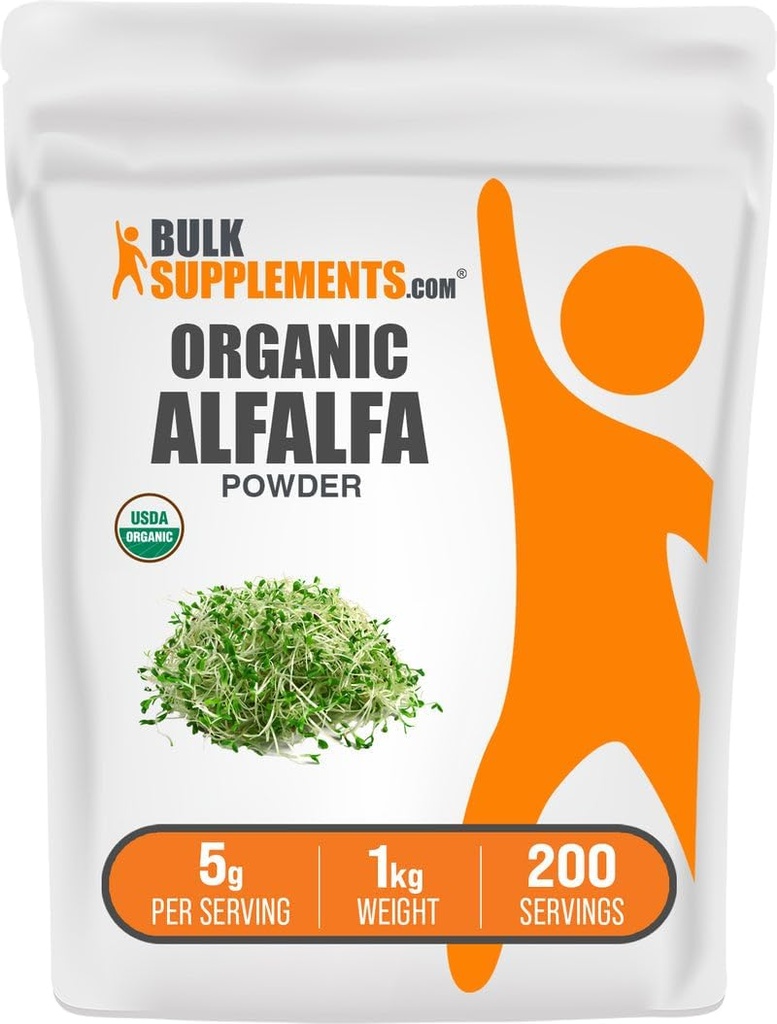 BulkSupplements.com Pudră organică Alfalfa Grass - Suplimentul Alfalfa, Superaliment verde - Vegan & Gluten Free, 5g per Serving, 1kg (2,2 lbs) (Pachet de 1)