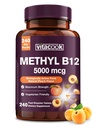 Vitamina B12 Sublingual, Methylcobalamină 5000mcg pentru producția de energie, energie, Nervi și suport pentru celule, aroma de piersici naturale, Vegan, Zero zahăr, 240 comprimate de dizolvare rapidă