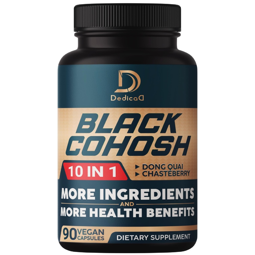 Black Cohosh Supliment - 3 luni pentru Menopause & Immune Health - Blend of 12 Potent Herb Include Dong Quai, Chasteberry, Wild Yam, Red Clover, Black Pepper & Altele - 90 Vegan Capsule