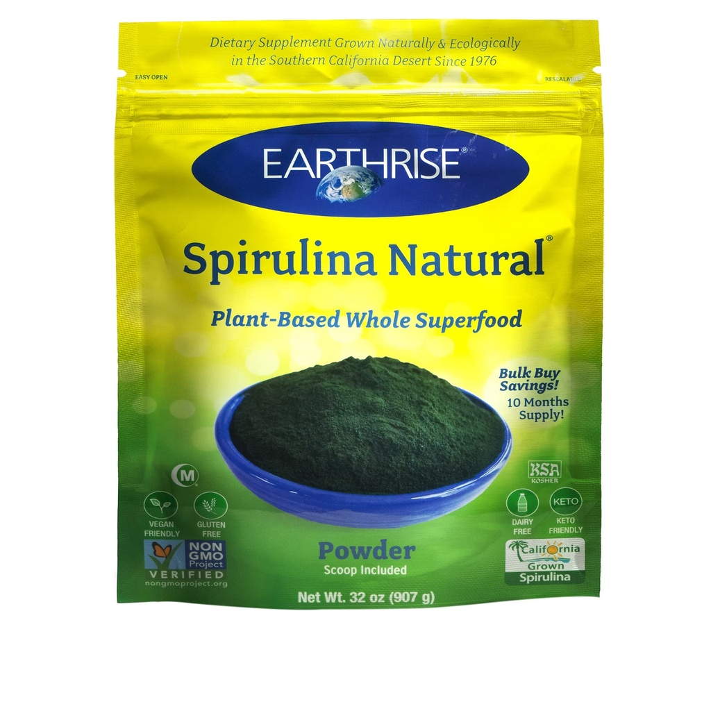 Earthrise Spirulina Natural Powder 32oz, Natural Premium Spirulina din California-Vegan, Gluten Free, Keto Friendly, Non-GMO Super Food ridicat în vitamine și minerale. (2 LB)