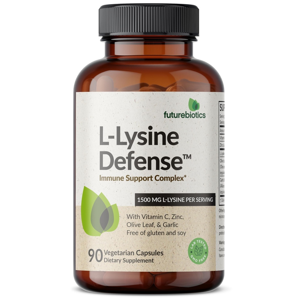 Futurebiotics L-Lysine Defense Immune Support Complex 1500 MG Per Serving with Vitamina C, Zinc, Olive Leaf & Usturoi - Non-GMO, 90 Vegetarian Capsule