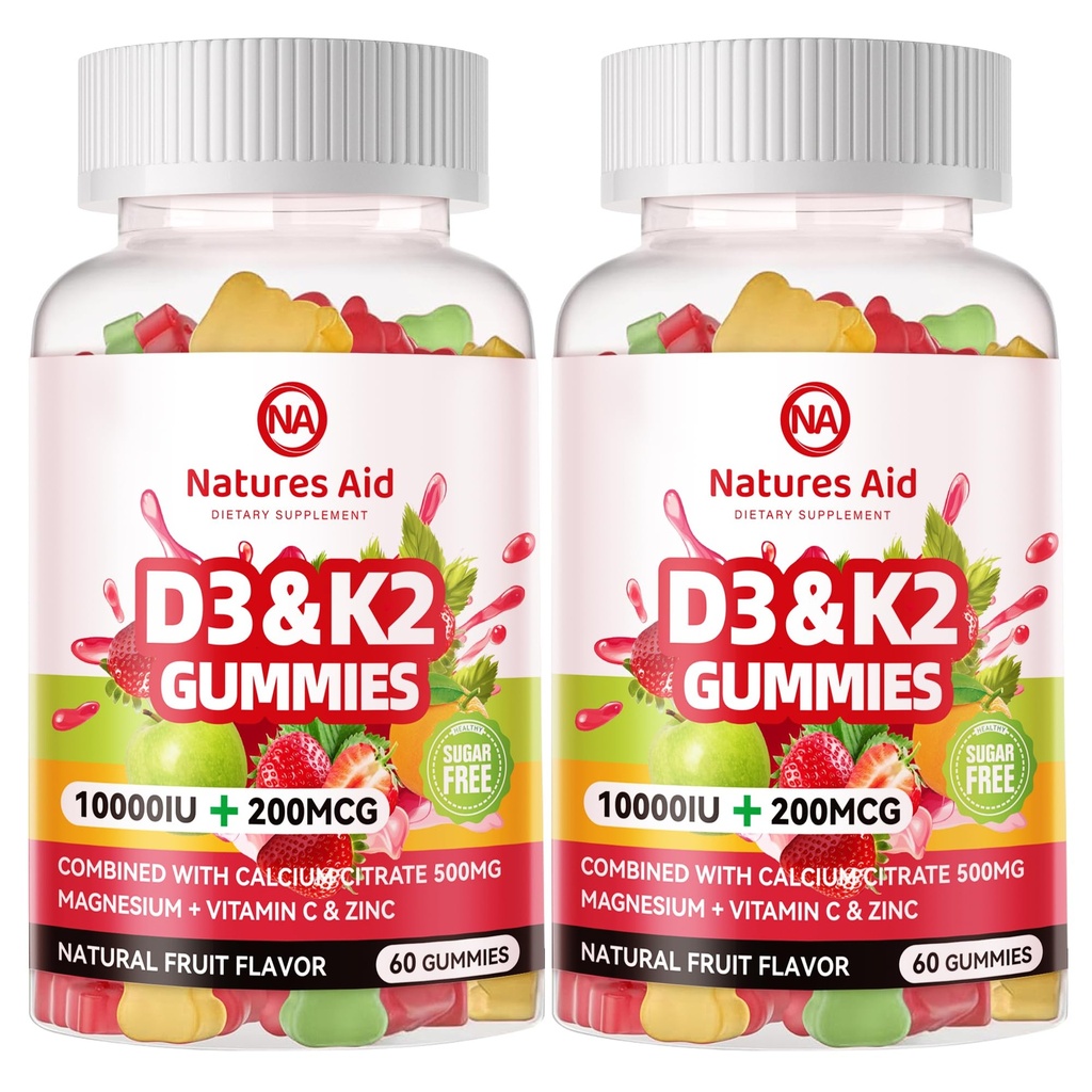 Natura ajută vitamina D3 K2 fără zahăr gume cu calciu + K2 (MK-7), Citrat de magneziu, vitamina C, extra puterea - Absorbție finală pentru dinți osoase imune, Vegan - 120 gume