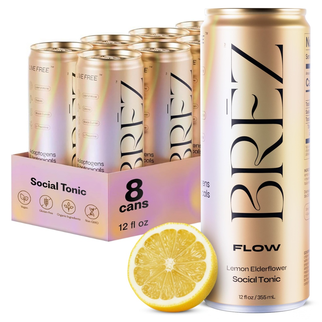 BREZ FLOW Lions Mane Mushroom Drink, 8-Pack, Non-Infuzat, Adaptogens, Relieving, Înălțare, și Social, Sparkling Lemon Elderflower Tonic 12 Fl oz