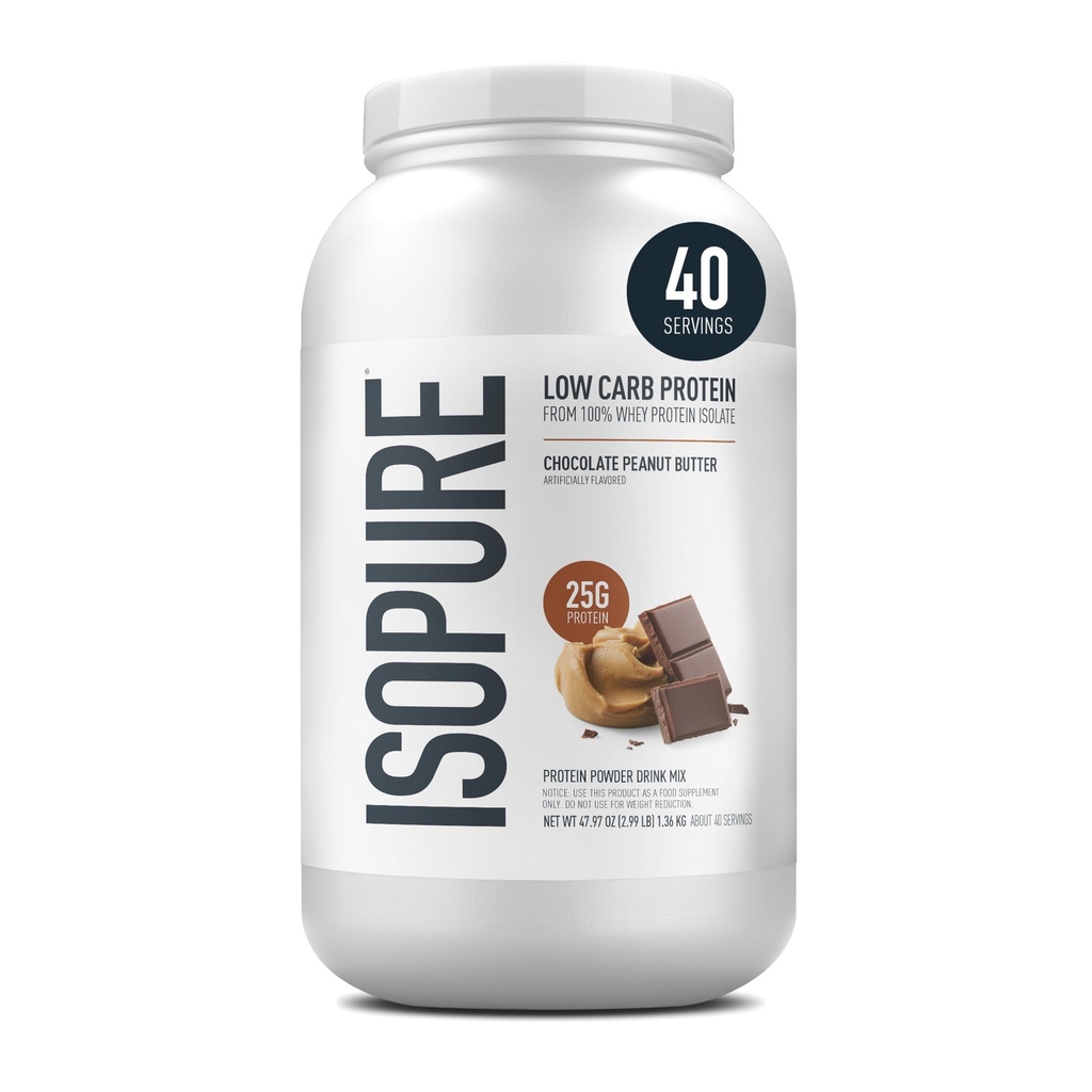 Isopure scăzut Carb 100% pur Whey Izolate Proteine pulbere, Lactoză gratuit, Gluten gratuit, Cu vitamine, Unt de arahide de ciocolată, 25g proteine per servire, 3 Lbs, 40 Serviri (Packing May Vary)