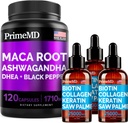 4-in-1 Liquid Biotin Collagen Keratin Saw Palmetto picături (2 fl oz - 3 Pack) & 6-in-1 Maca Root Ashwagandha w Black Pepper Fruit (120ct) Bundle - par, Piele, Nails, Energy & Mood Supplement