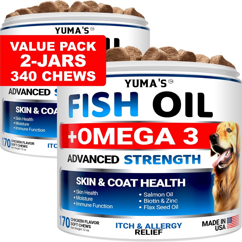 (2 Pachet) Omega 3 Ulei de pește pentru câini - 170 Chews - Supliment piele și haină - Omega 3 pentru câini - Tratament de relief uscat și mâncărime a pielii - Support de alergie caine anti tratamente de topire - Salmon - Aroma de pui
