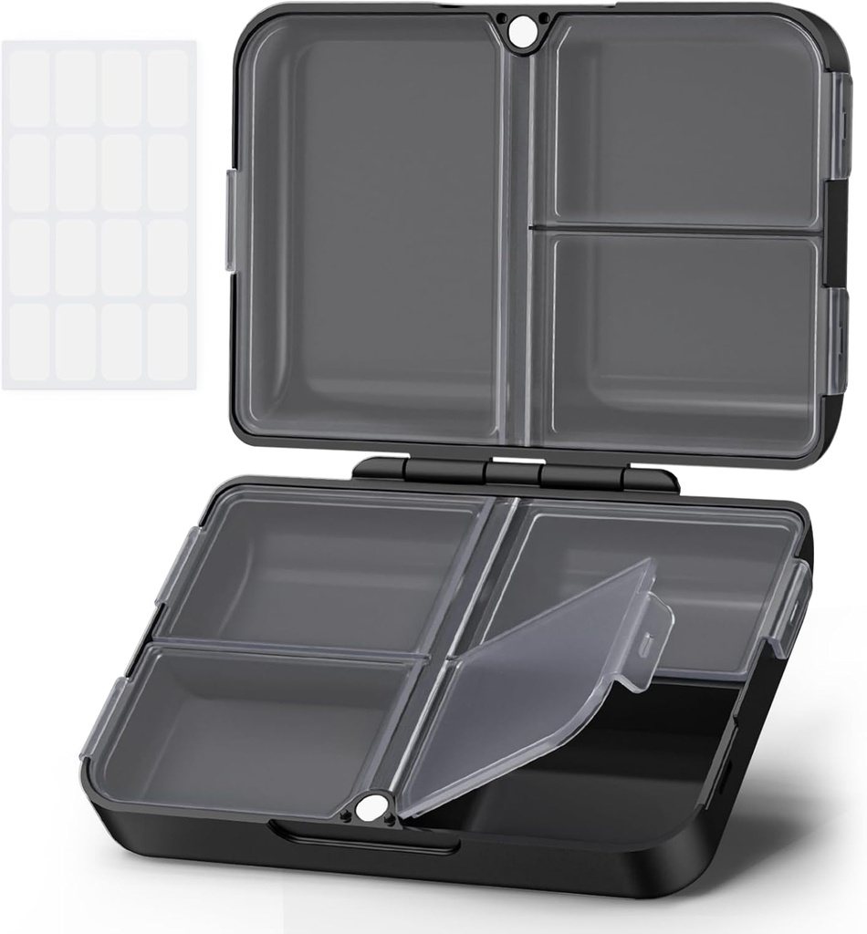 Auvon Daily Pill Organizator Fit cu geanta sau buzunar, Compact Case de pastile de călătorie cu Slim Folding Design și Long-Lasting Hings pentru a deține vitamina, ulei de pește, supliment sau bijuterii (Negru)