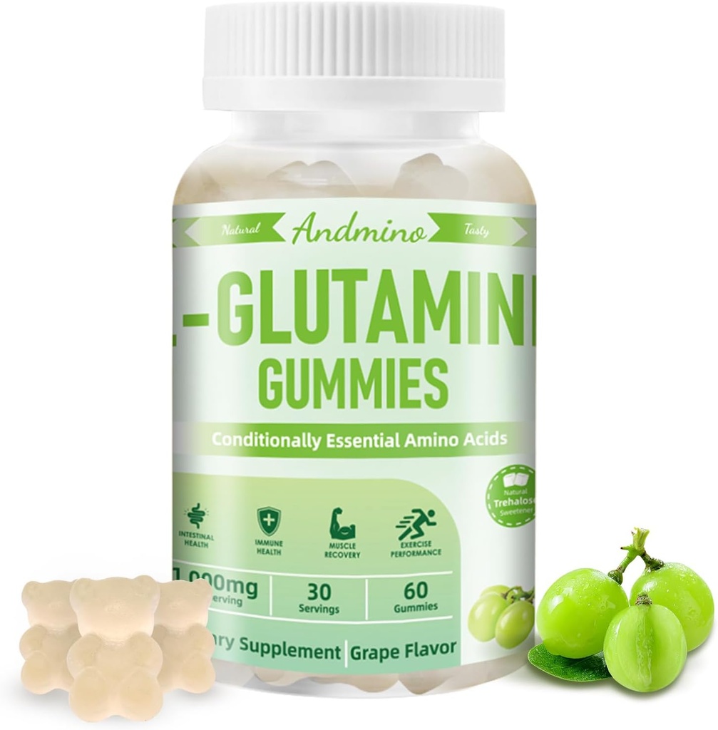 L-Glutamine Gumries 1000 mg, cu Trehalose, L Glutamina Supplement Supplement Support Intestinal, Boost Immune & Muscle Health, pentru adulți și copii, non-GMO, Vegan, Gluten gratuit, Aroma de struguri, 60
