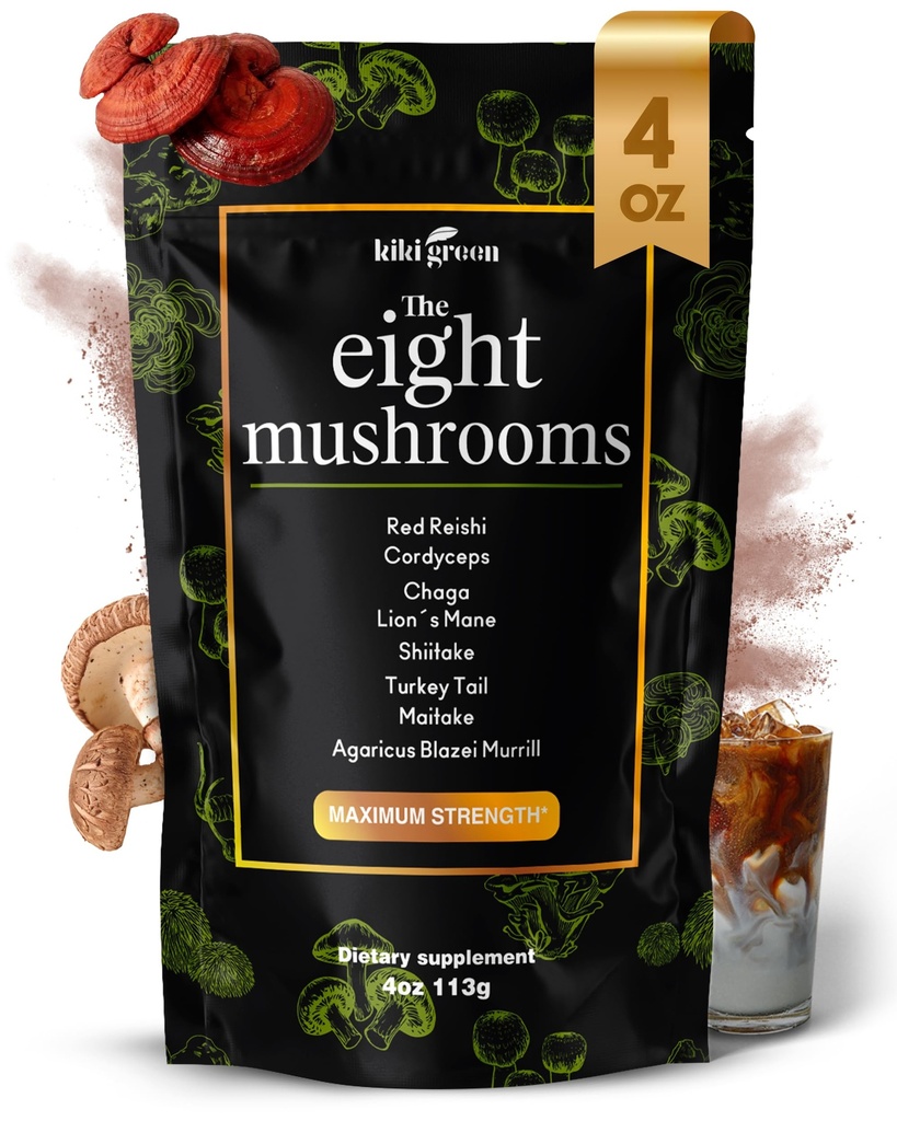 KIKI Green 8 Extract de praf de ciuperci - 4 oz Complex Adaptogenic pentru cafea și smoothies - Lion's Mane, Chaga, Reishi, Cordyceps, Maitake, Shiitake - Focus și Energie
