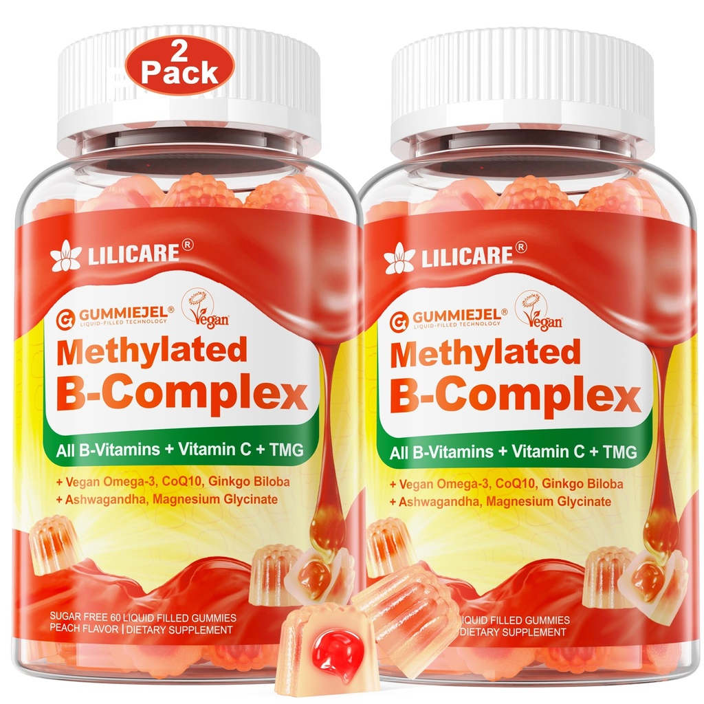 Complexul de Super Vitamine B pentru femei și bărbați, Gumiile umplute, Gumiile metilate w/Omega 3, Magneziu, CoQ10, Ashwagandha, Vitamina C, TMG, Sugar Free - 60 Count (Pachetul de 2)
