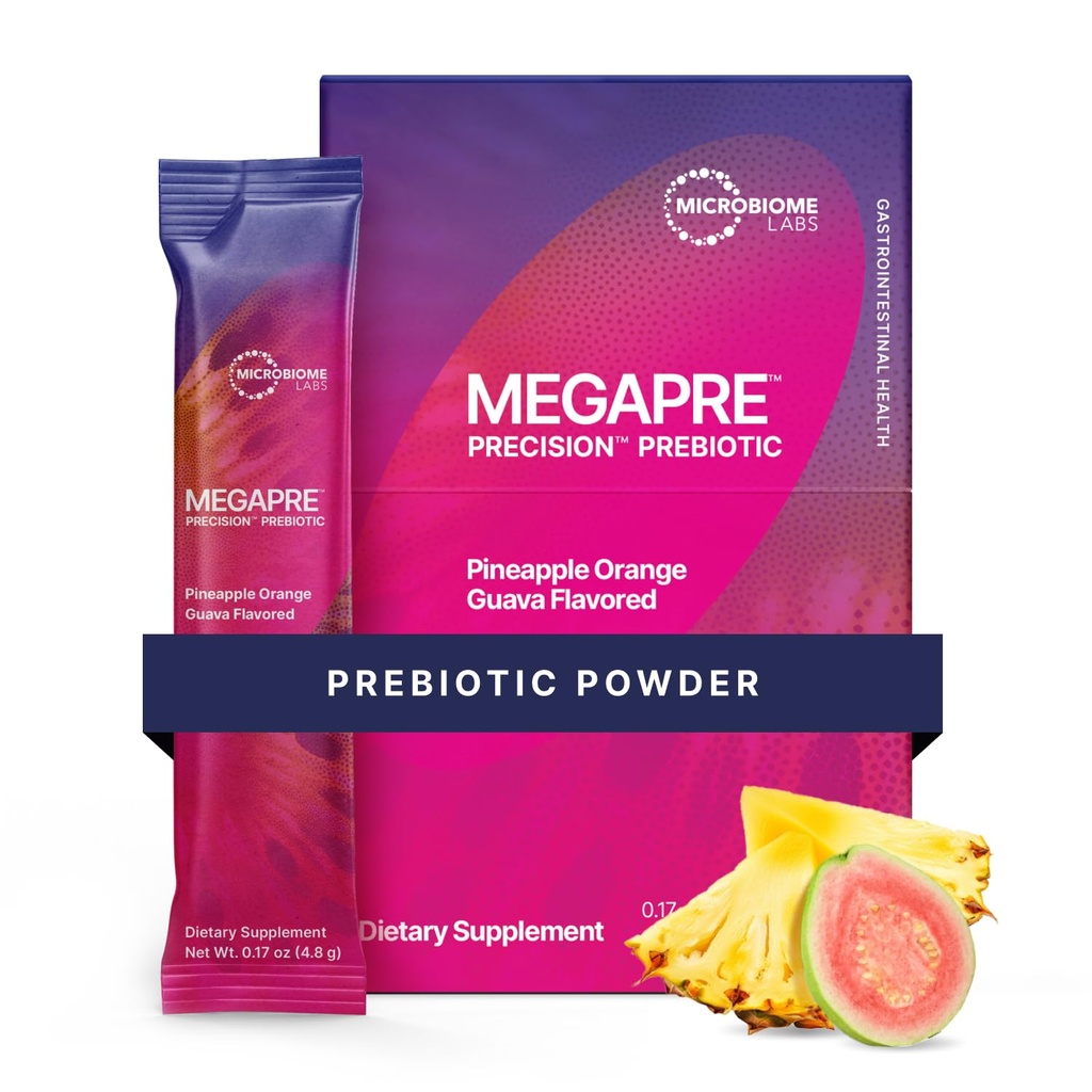 Microbiome Labs MegaPre Pulbere de fibre prebiotice pentru femei, bărbaţi şi copii - Pre-dosed Prebiotic Fiber Supliment pulbere cu Oligosaccharide testate clinic - Ananas Orange Guava (30 bautura Pachete)