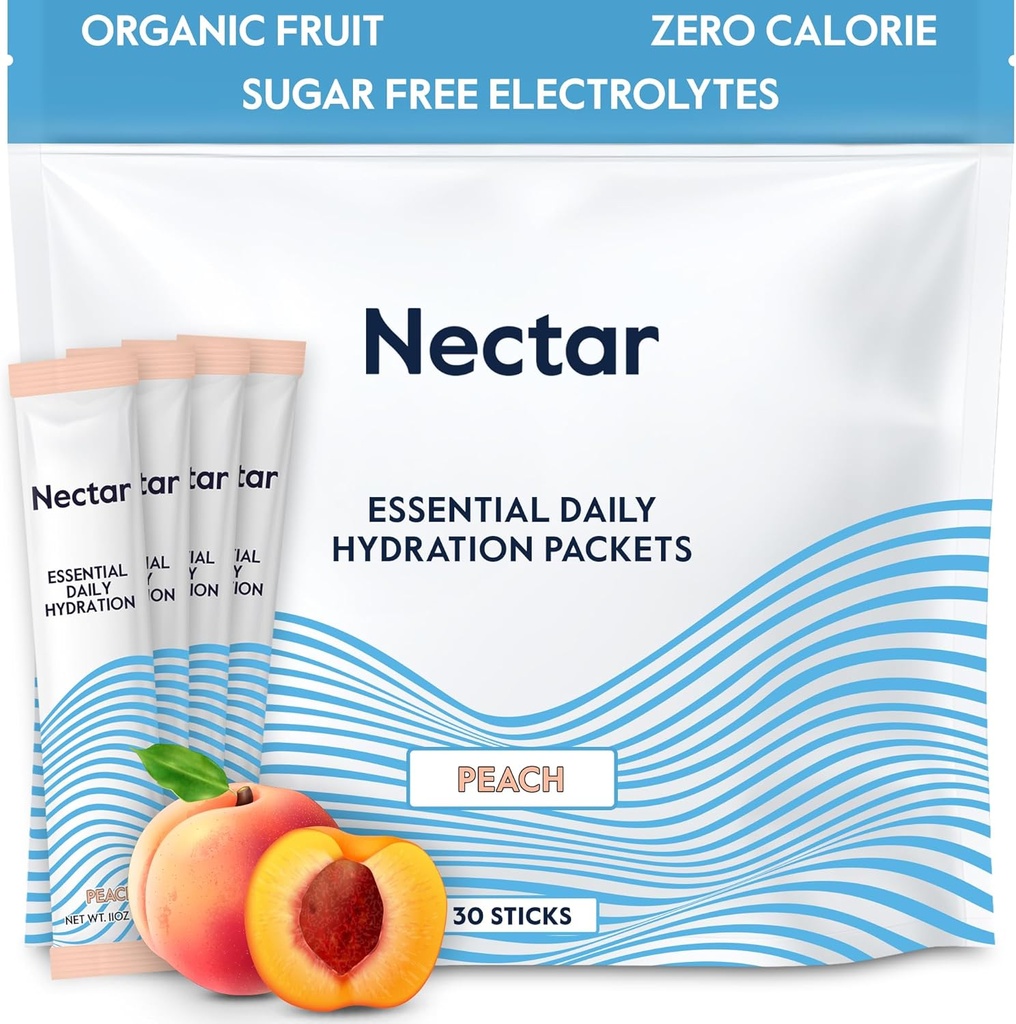 Pachete de hidratare nectar - Pachete cu praf de electroliză - Fără zahăr & 0 Calorie - Lichid lichid cu fructe organice Daily IV Electroliti pulbere pentru rehidratare și rehidratare rapidă (Peach 30 Pack)