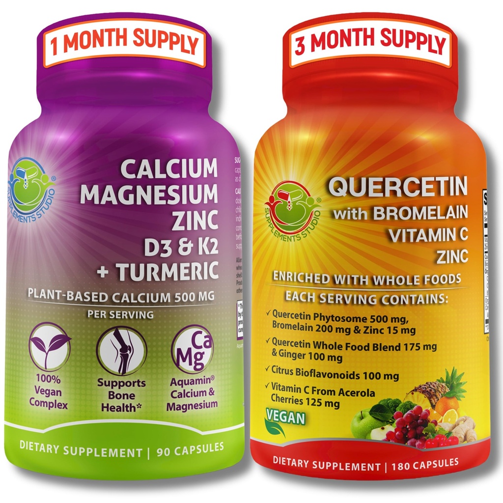 SUPLELEMENTE STUDIO Querbetin cu Bromelain, Vitamina C & Zinc + Calciu pe bază de plante, Magneziu, D3, K2 & Turmeric 