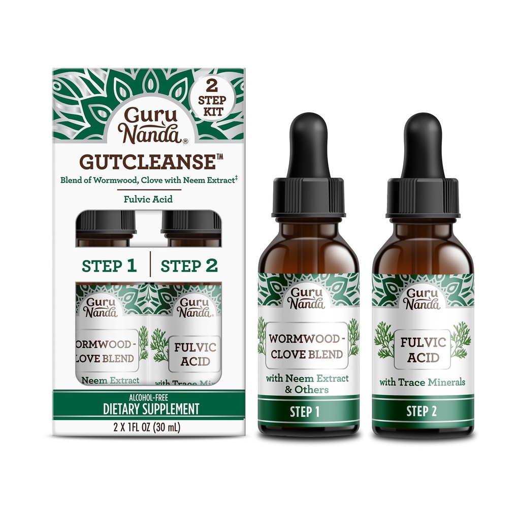 GuruNanda Gutcleanse 2-Step Kit - Supliment alimentar pentru a ajuta cu digestia - Amestec de acid fuzelian, lemn de vierme, Clove & Neem Extract, 2x1 FlOz