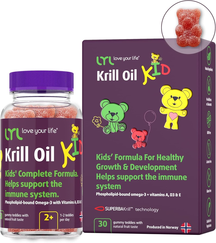 LYL Krill Oil Kid Gummy Bears cu vitamina D 3, Vitamina E și vitamina A - fosfolipid-Bound Omega 3 pentru creștere sănătoasă și dezvoltare - Gummy Bears cu gust de portocale, Apple & Buruieni (Pachet de 30)