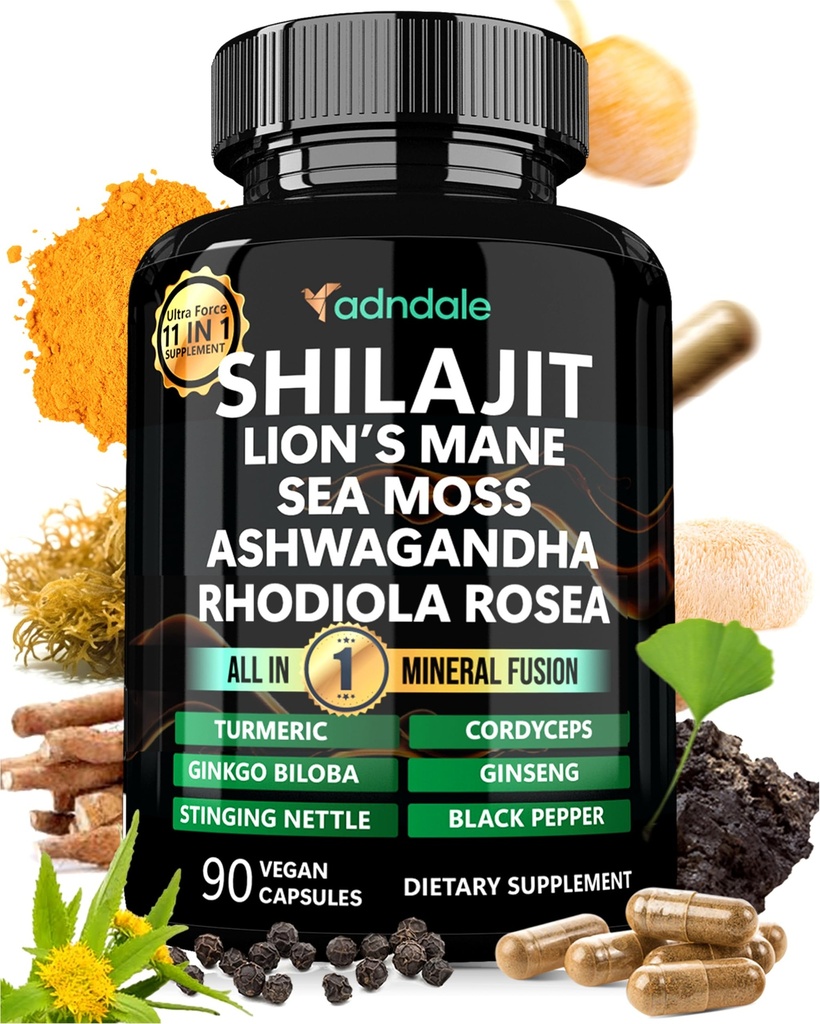 Adndale Shilajit Supliment. Pure Himalayan Organic Shilajit pentru bărbați și femei capsule cu mare Moss Ashwagandha Rhodiola Rosea Lions Mane. 90 Conte