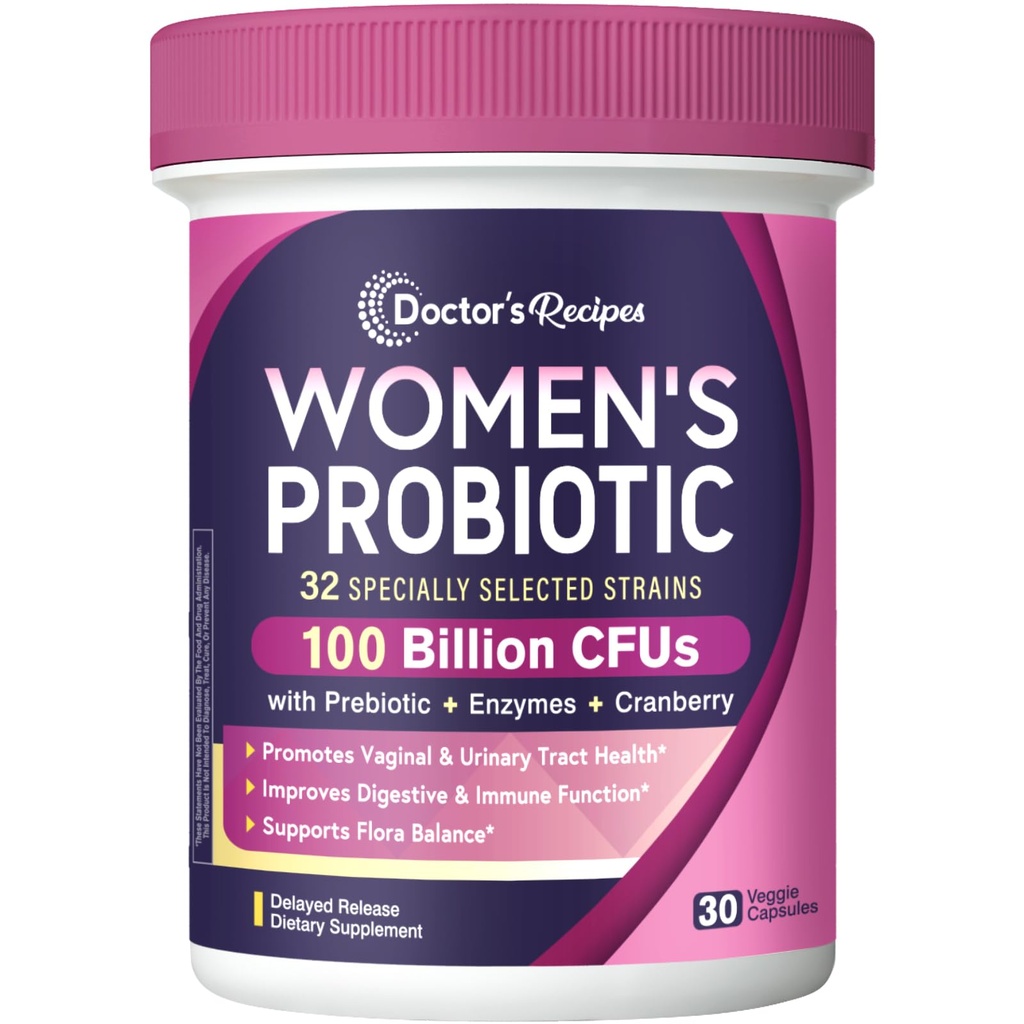 Rețete de doctor Probiotice pentru femei, 100 Miliarde CFU 32 Strains, cu Prebiotic Fiber, Enzime & Cranberry, Vaginale Digestive & Imune, Nu Drojdii, Perioada de valabilitate Stabil, Lansare întârziată, 30 Caps