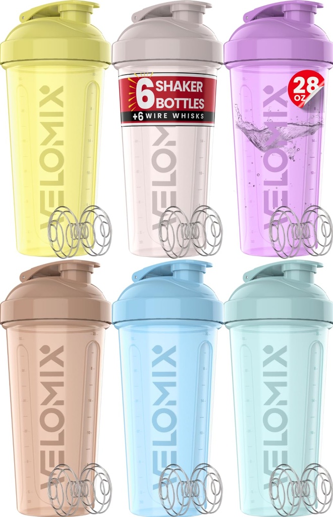 VELOMIX -6 PACK- 28 oz Proteine Shaker flacon pentru amestecuri de proteine - 6x sârmă Whisk 