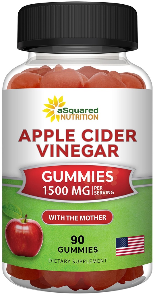 aSquared Nutrition Apple Cidru Otet Gumries - 1500 mg cu Mama - 90 ACV Gummies w/Vitamin B6 & B12, Acid folic - Vegan Gummy Supliment alternativ la capsule pastile & băutură