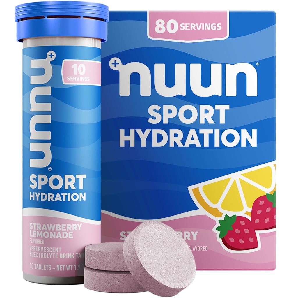 Nuun Sport Electrolit Tablete cu magneziu, calciu, potasiu, clorură de sodiu, gluten Free & Vegan, căpșuni Lemonade, 8 Pack (80 Serviri Total)