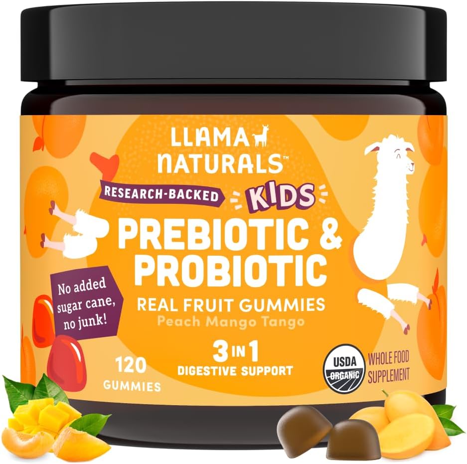 Llama Naturals Kids Probiotic with Prebiotic Fiber, Vegan, Organic Prebiotics and Probiotics Gummies for Gut Health Support, Toddler Real Fruit Gummy Vitamins, No Added Sugar Cane, Peach Mango, 120 Ct