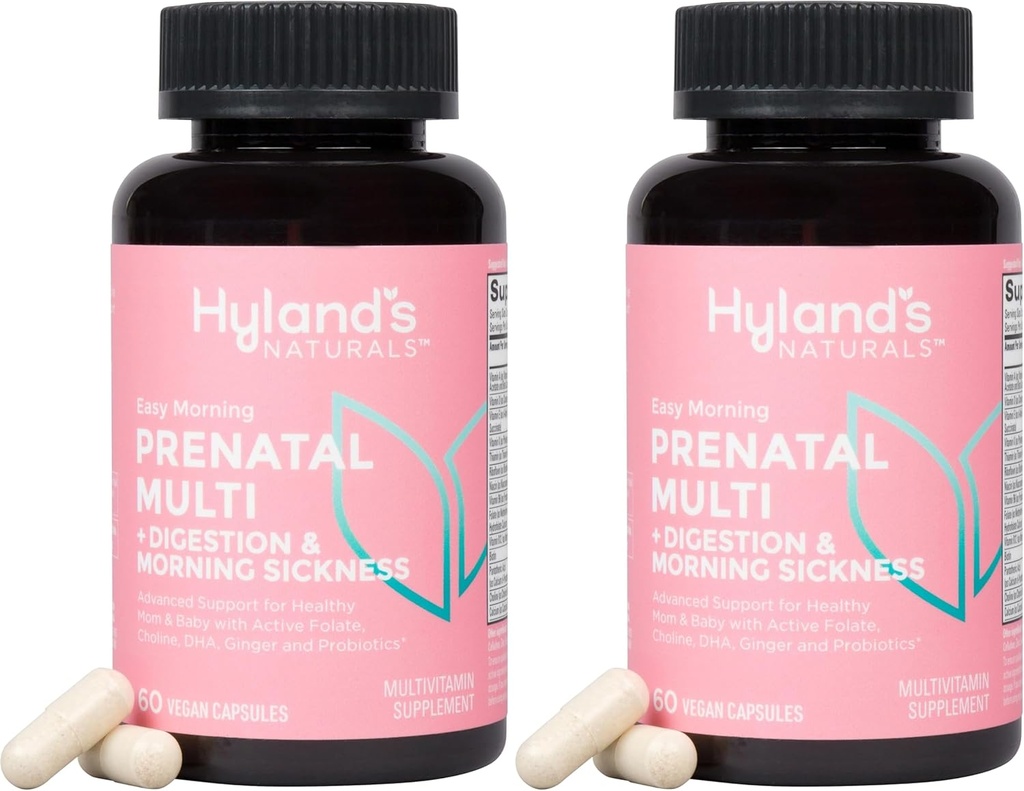 Hyland's Easy Morning Multivitamine Prenatale şi Digestive Health and Morning Backness Relief, 60 Vegan Capsule, cu Folate, Choline, Zinc, Ginger Root, Prebiotice şi Algae DHA (Pachet de 2)