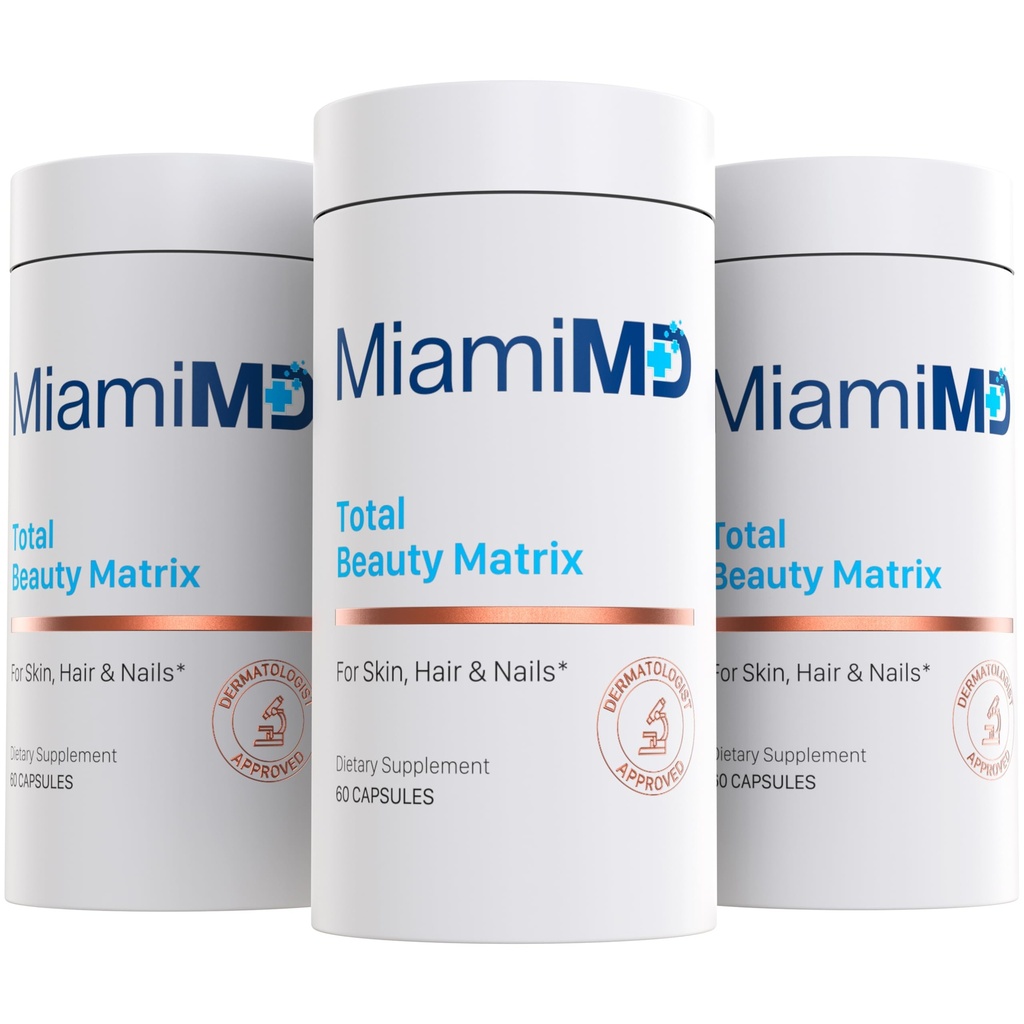 MiamiMD Total Beauty Matrix Colagen Suplimente pentru femei - Capsule Colagen cu vitamina C pentru păr, piele și unghii - Cruzime gratuit - (60 capsule) - 3 ambalaj