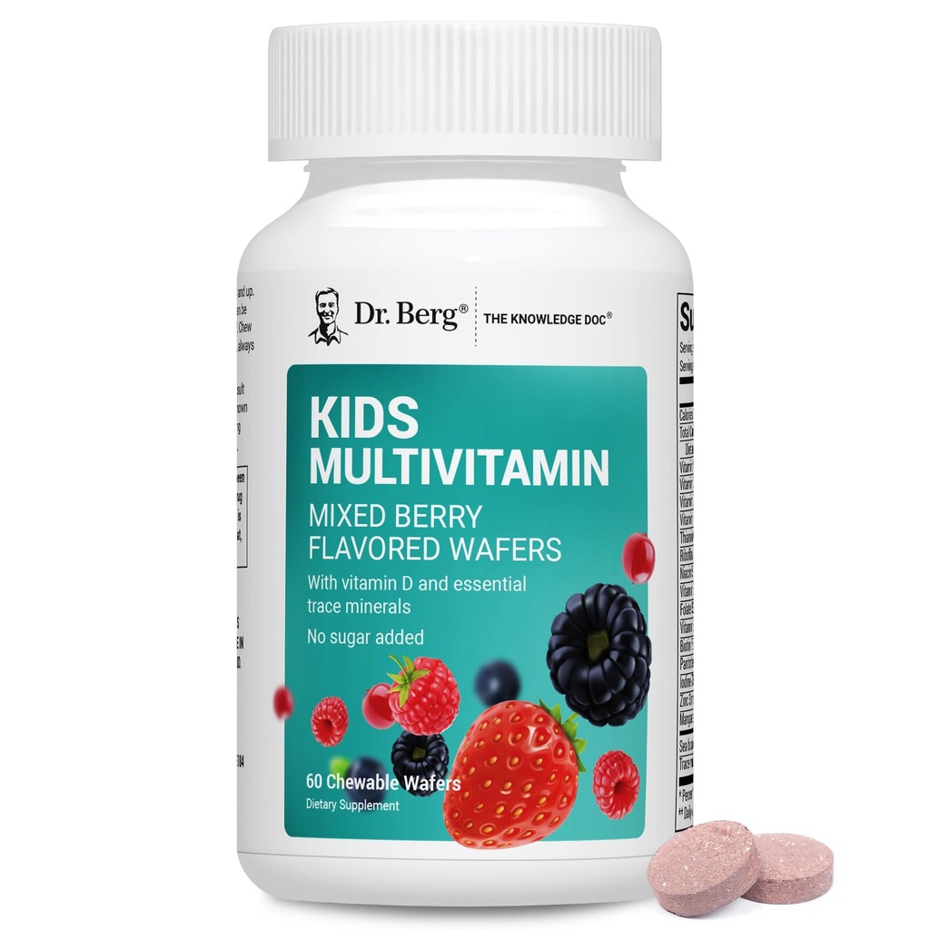 Dr. Berg Kids Multivitamine masticabile (NOT Sweetened w/Sugar) - Multivitamine zilnice pentru copii, care include 20 Nutrients & Trace Complex mineral - Vitamine mixte Mesteca Berry pentru Kid - Red Wafers