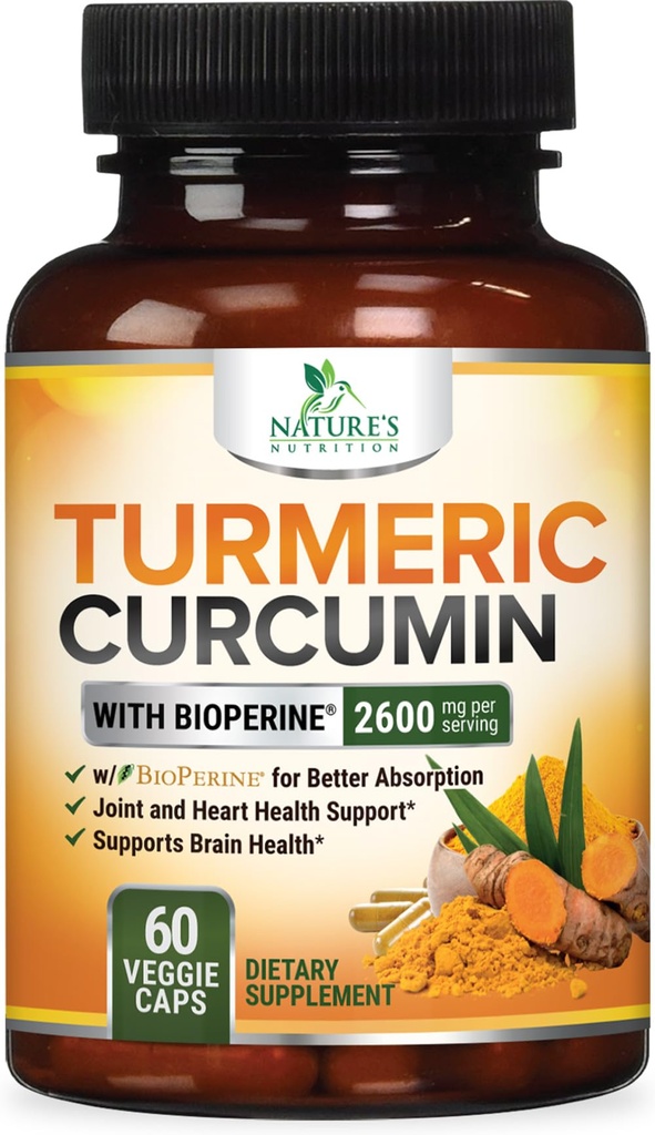 Curcumina Turmeric Supliment 2600 mg - 95% Curcuminoide cu Turmeric organic & BioPerine Black Pepper Extract pentru cea mai bună absorbţie, suport comun natural Vegan, non-GMO, îmbuteliat în Statele Unite ale Americii - 60 capsule